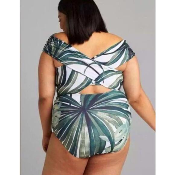 Swim By Cacique Womens Crossover One Piece Wrap Peephole Palm Print Swimsuit NWT - Picture 2 of 12